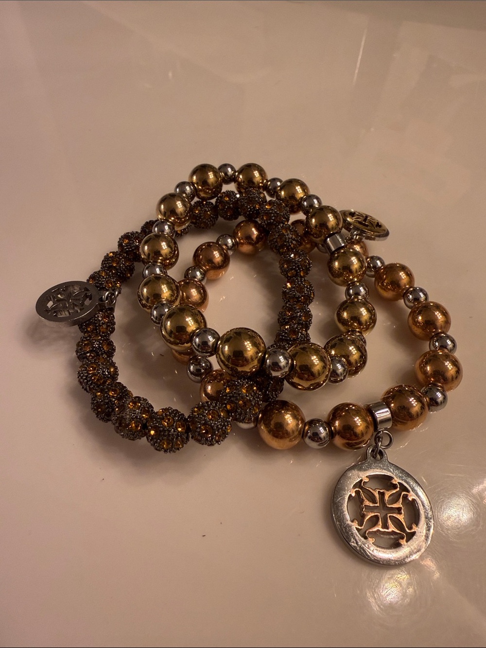Rustic Cuff Gold and Bronze Multi-Stack Beaded Bracelets with Charms